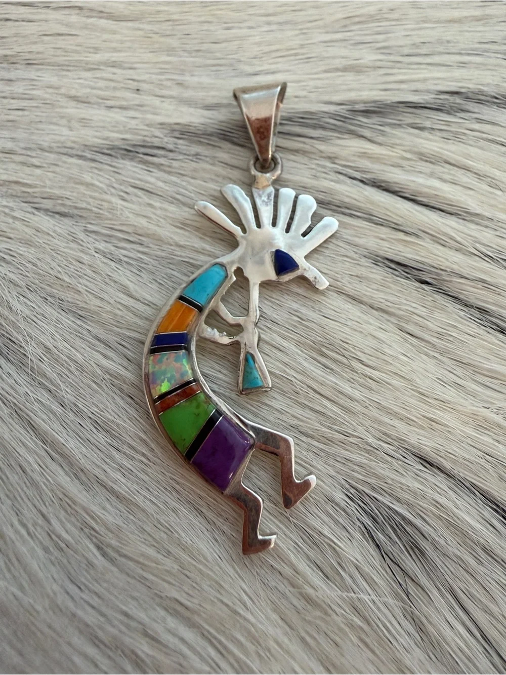 ❤️ Navajo Signed Zuni Style Kokopelli Multistone & Fiery Lab Opal 925 Pendant